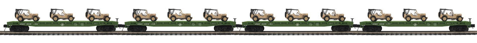 U.S. ARMY O SCALE PREMIER 4-CAR FLAT CAR SET WITH(3) WILLYÕS TRANSPORT VEHICLES