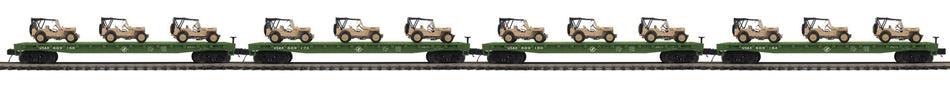 U.S. ARMY O SCALE PREMIER 4-CAR FLAT CAR SET WITH(3) WILLYÕS TRANSPORT VEHICLES