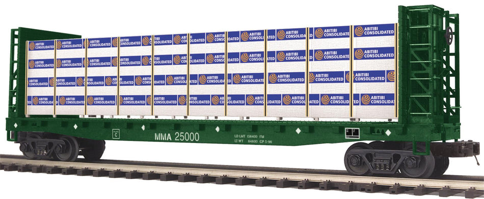 MONTREAL MAINE & ATLANTIC O SCALE PREMIER FLAT CAR W/BULKHEADS W/COVERED WOOD LOAD #2500