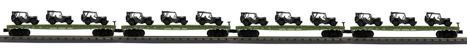 U.S. ARMY O GAUGE RAILKING 4-CAR FLAT CAR WITH (3) WILLY'S TRANSPORT VEHICLES