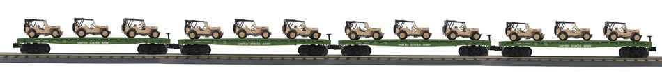 U.S. ARMY O GAUGE RAILKING 4-CAR FLAT CAR WITH (3) WILLY'S TRANSPORT VEHICLES