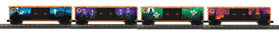 HALLOWEEN 4-CAR 50’ DOUBLE DOOR BOX CAR SET W/LED LIGHTS