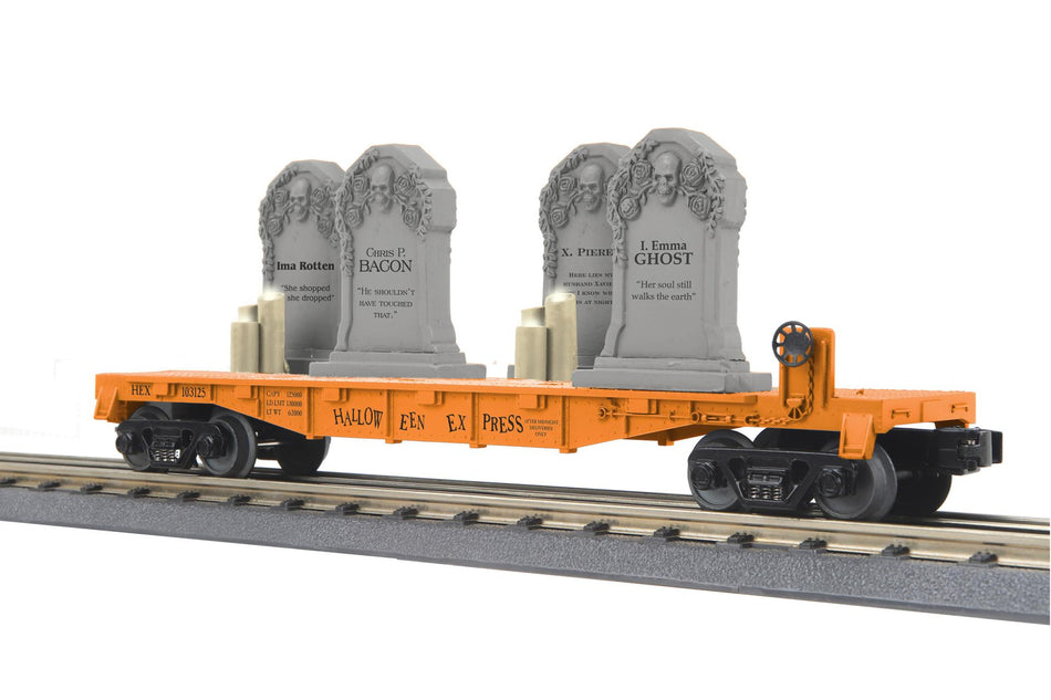 HALLOWEEN FLAT CAR W/HEADSTONES & FLICKERING LIGHTED CANDLES