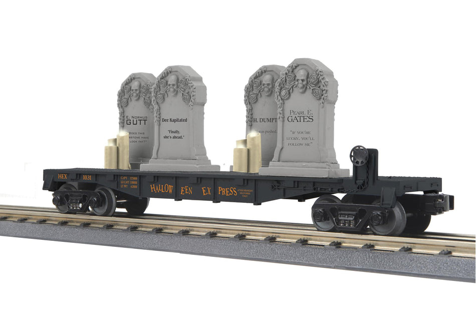 HALLOWEEN FLAT CAR W/HEADSTONES & FLICKERING LIGHTED CANDLES