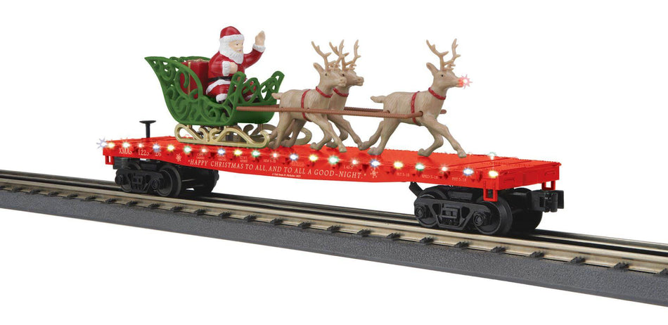 CHRISTMAS FLAT CAR W/LED LIGHTS AND SANTA SLEIGH & REINDEER RED