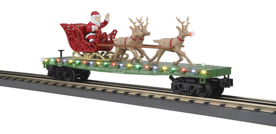 CHRISTMAS FLAT CAR W/LED LIGHTS AND SANTA SLEIGH & REINDEER  GREEN