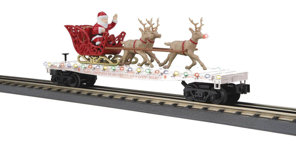 CHRISTMAS FLAT CAR W/LED LIGHTS AND SANTA SLEIGH & REINDEER  WHITE