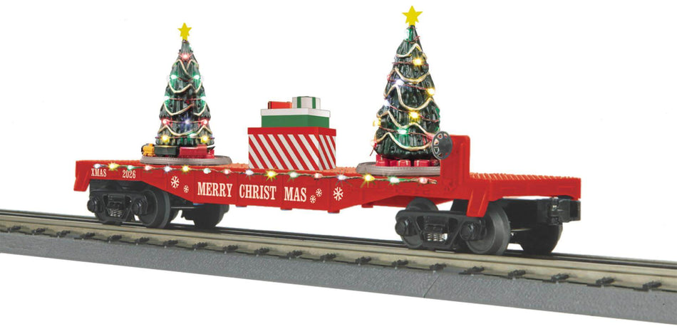 CHRISTMAS FLAT CAR W/LED LIGHTS AND LIGHTED CHRISTMAS TREES  RED