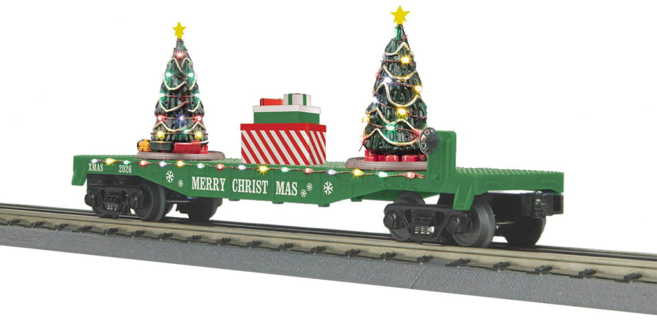 CHRISTMAS FLAT CAR W/LED LIGHTS AND LIGHTED CHRISTMAS TREES  GREEN