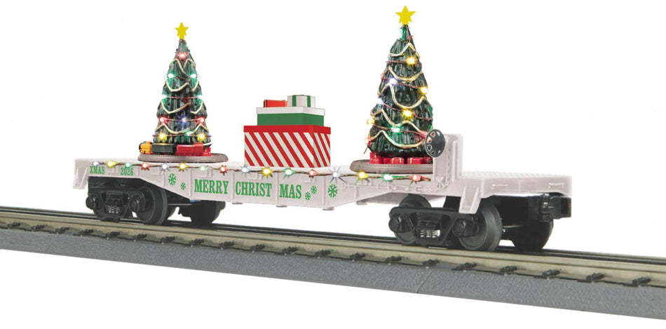 CHRISTMAS FLAT CAR W/LED LIGHTS AND LIGHTED CHRISTMAS TREES WHITE