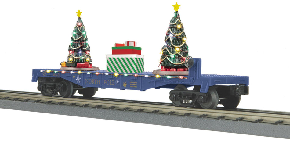NORTH POLE FLAT CAR W/LIGHTED CHRISTMAS TREES Ð BLUE