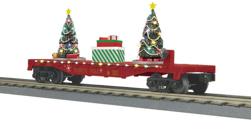 NORTH POLE FLAT CAR W/LIGHTED CHRISTMAS TREES Ð MAROON