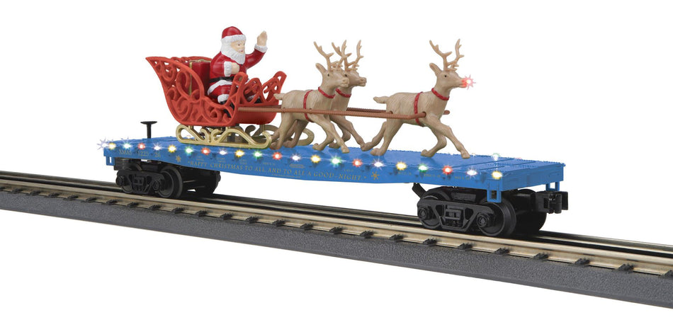 NORTH POLE FLAT CAR W/LED LIGHTS AND SANTA SLEIGH & REINDEER Ð BLUE