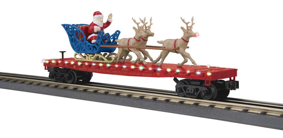 NORTH POLE FLAT CAR W/LED LIGHTS AND SANTA SLEIGH & REINDEER Ð MAROON