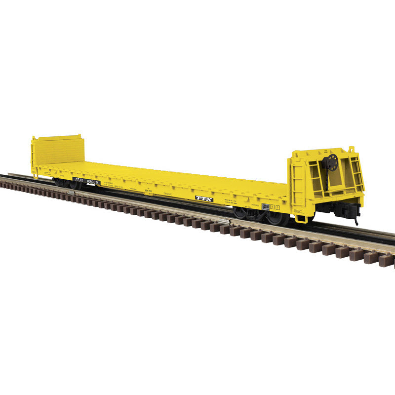 O TRAINMAN 62' SHORT BULKHEAD FLAT CAR TRAILER TRAIN (TTJX) 82069, 82091 (YELLOW) - 3RL