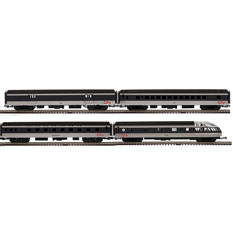 O PREMIER 70' STREAMLINE PASSENGER CANADIAN NATIONAL 4 CAR SET [BAGGAGE #9109, SLEEPER-BUCKLEY BAY, COACH #5407, SKYTOP OBSERVATION-FUNDY] (BLACK/WHITE/RED) - 3RL