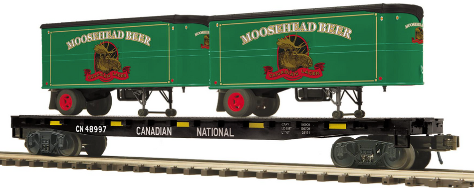 TWO (2) CANADIAN NATIONAL PREMIER FLAT CARS WITH MOOSHEAD BEER PUP TRAILERS #48995 AND #48997