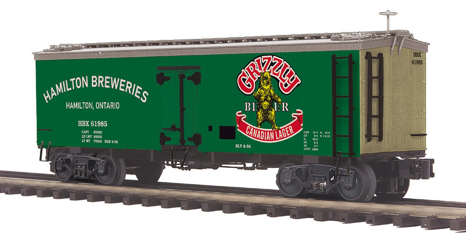 GRIZZLY BEER O SCALE PREMIER 36’ WOODSIDED REEFER CAR #61985 (CUSTOM RUN)