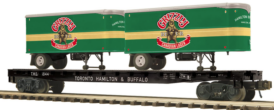 TWO (2) TORONTO HAMILTON & BUFFALO PREMIER FLAT CAR WITH GRIZZLY BEER PUP TRAILERS #1844 AND#1899