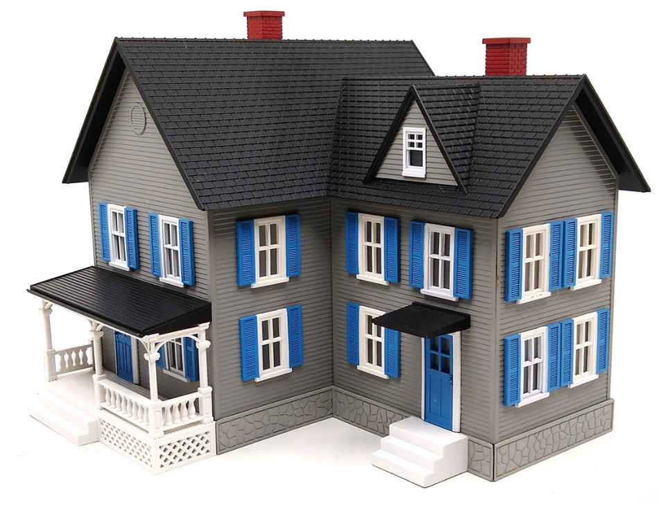 MTH #6 FARM HOUSE - GRAY WITH BLUE SHUTTERS