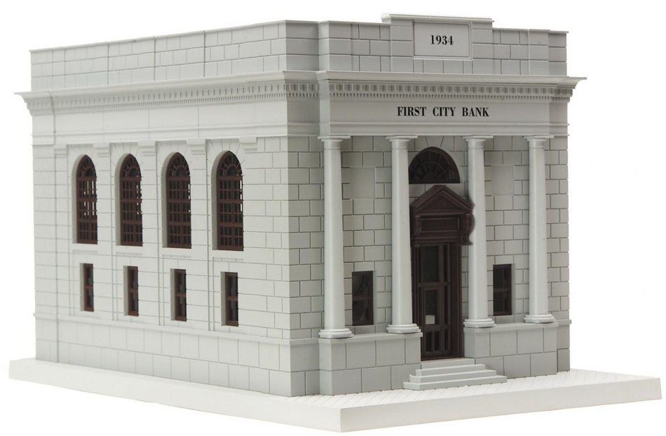 FIRST CITY BANK GREY WITH RED WINDOWS