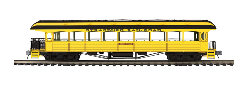 STRASBURG 64' OPEN AIR WOODSIDED OBSERVATION CAR #68 HELLO DOLLY (YELLOW)