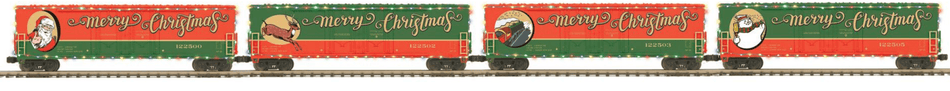 CHRISTMAS 4-CAR 50 DOUBLE DOOR BOX CAR SET WITH LED LIGHTS