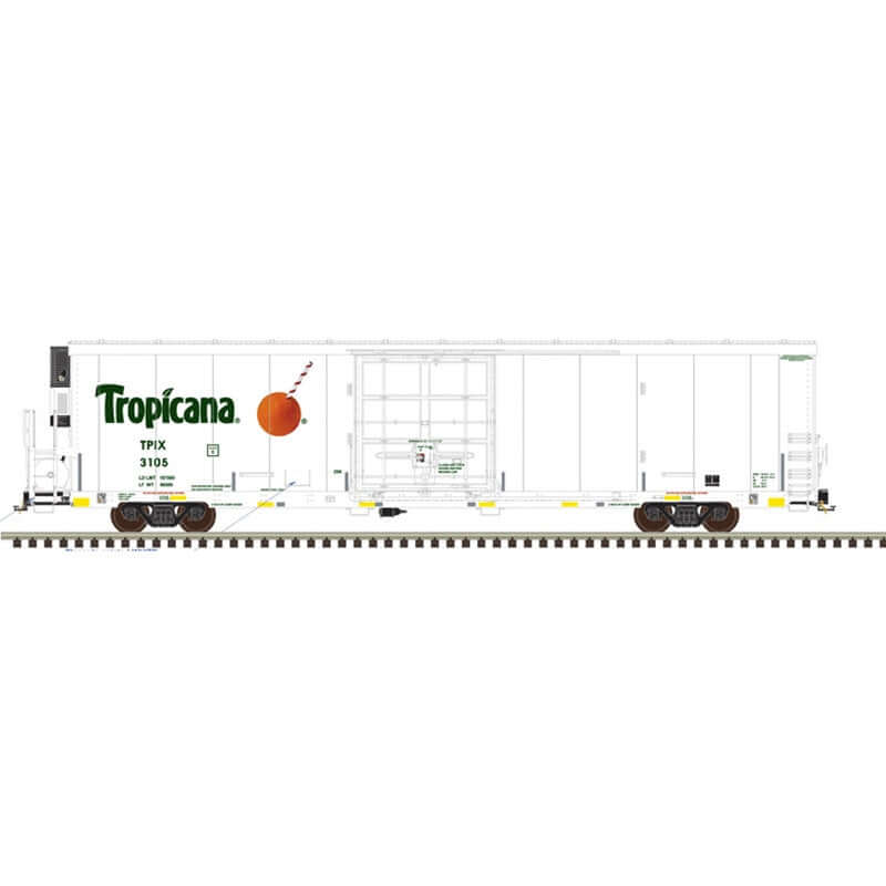 ATLAS MASTER TRINITY 64' REEFER TROPICANA  (CONSPIC STRIPES)(ONE OF EACH ROAD NUMBER)  (2 RAIL)